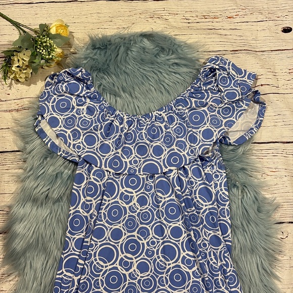 Lulu-B Blue Geometric Circle Ruffle Off Shoulder Dress - Picture 5 of 9
